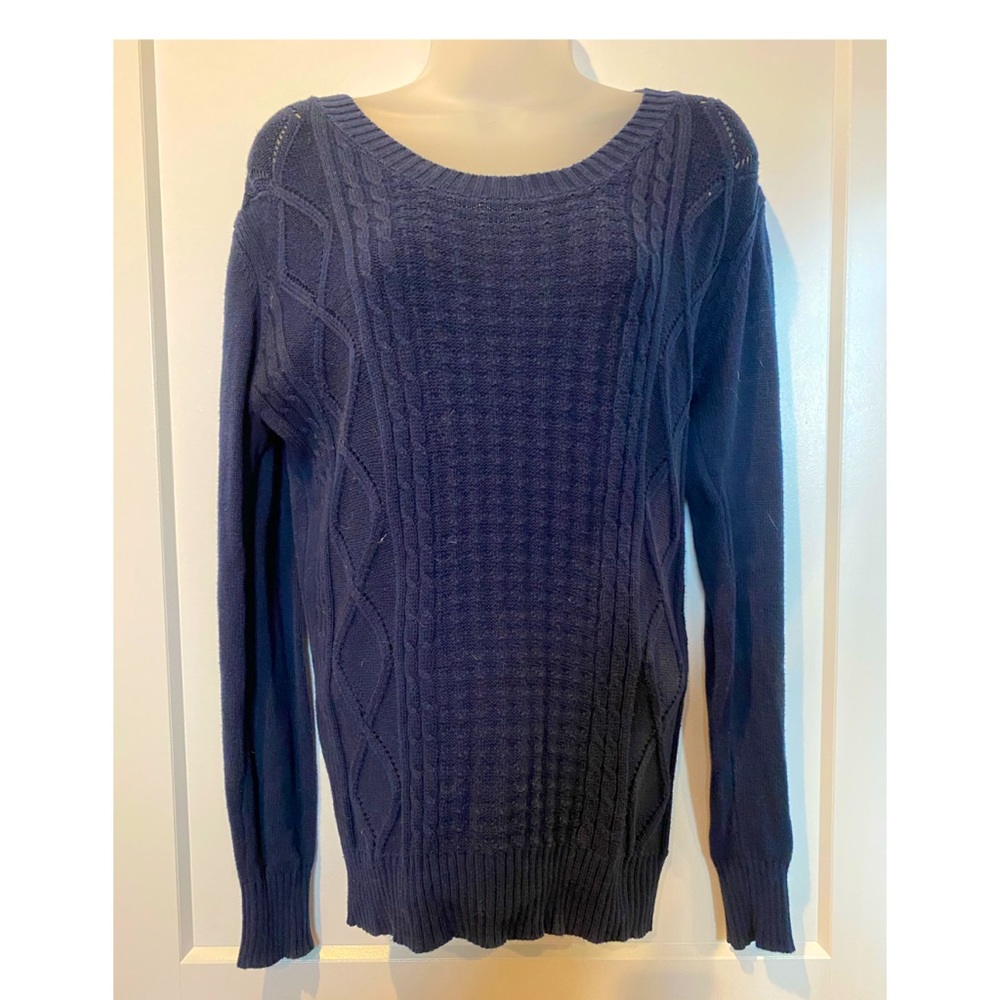 Navy cable knit sweater with back lace up detail